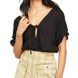 NWT FREE PEOPLE Black Keyhole Tie Front Frill‎ Trimmed Bodysuit Sz. S Small